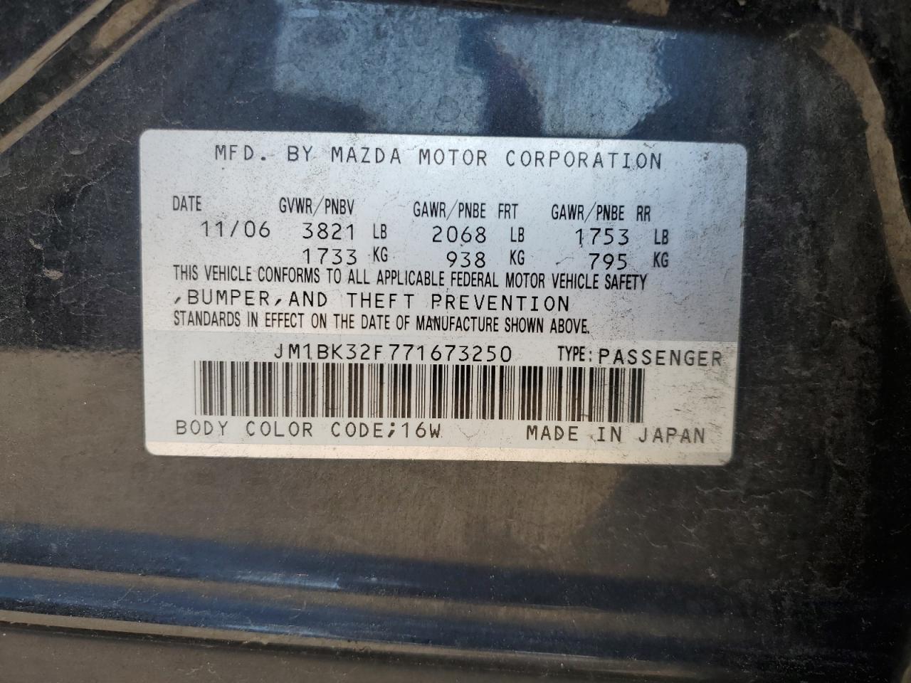 2007 Mazda 3 I VIN: JM1BK32F771673250 Lot: 62730344