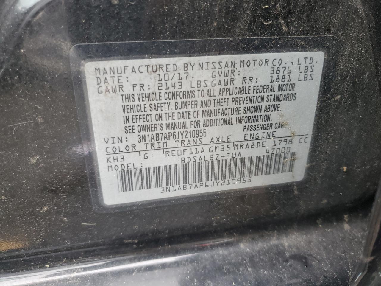 3N1AB7AP6JY210955 2018 Nissan Sentra S