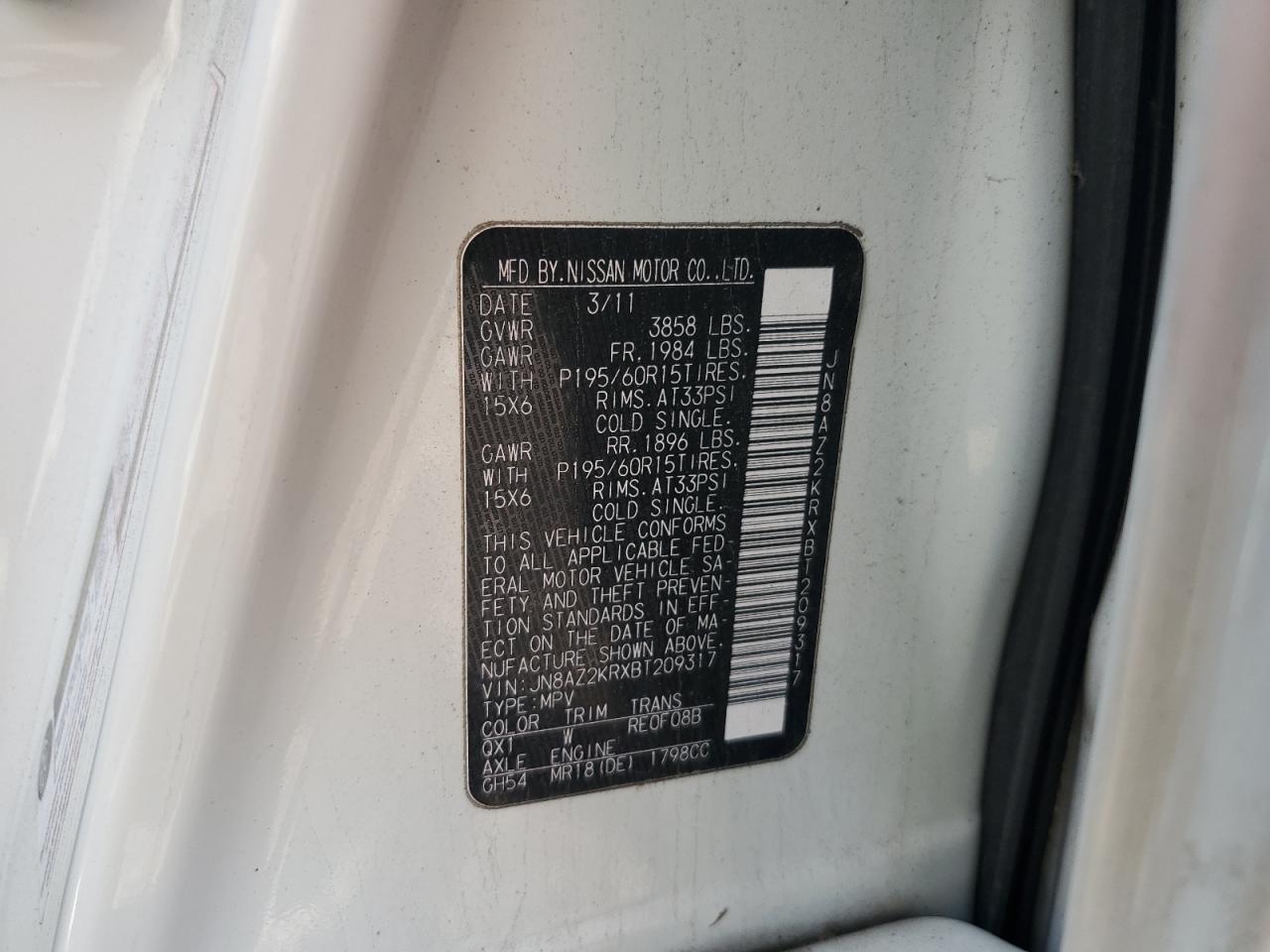 2011 Nissan Cube Base VIN: JN8AZ2KRXBT209317 Lot: 61519214