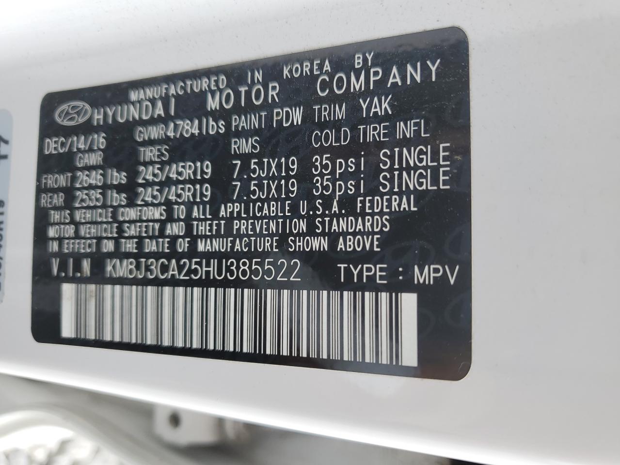 2017 Hyundai Tucson Limited VIN: KM8J3CA25HU385522 Lot: 64210594