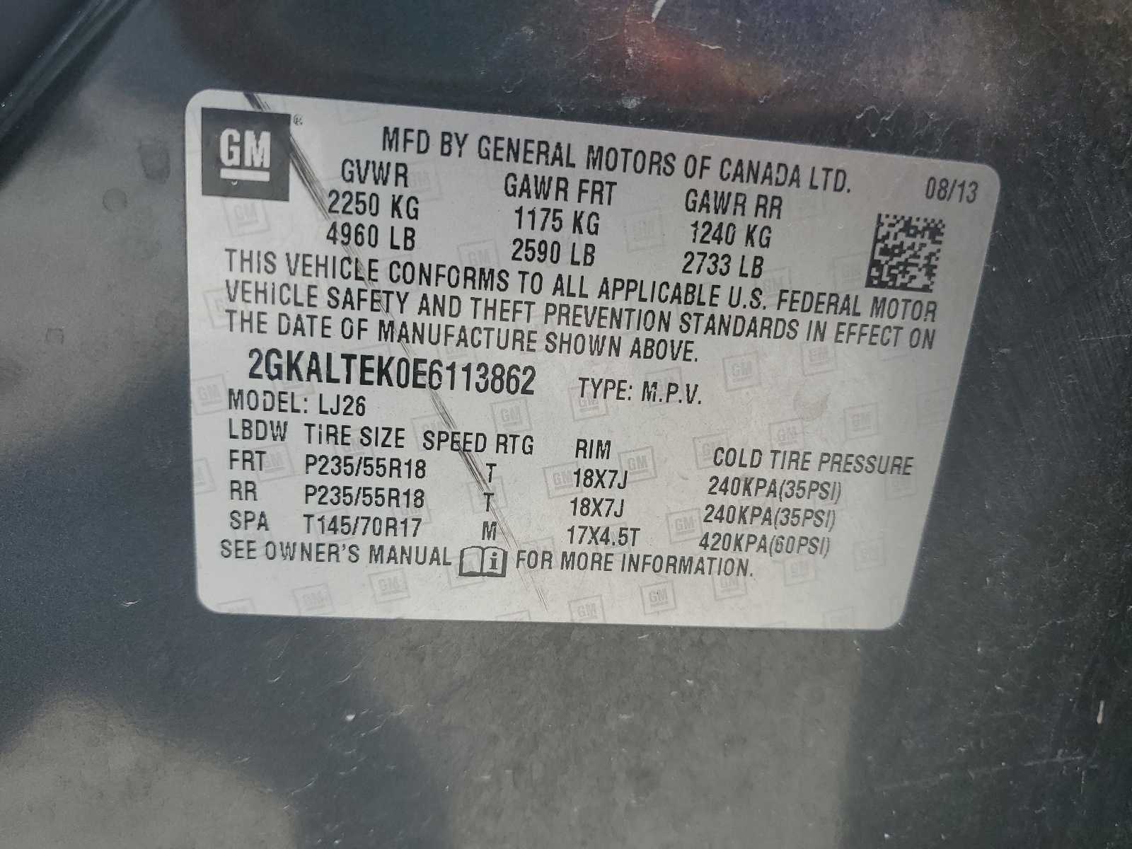 2GKALTEK0E6113862 2014 GMC Terrain Slt