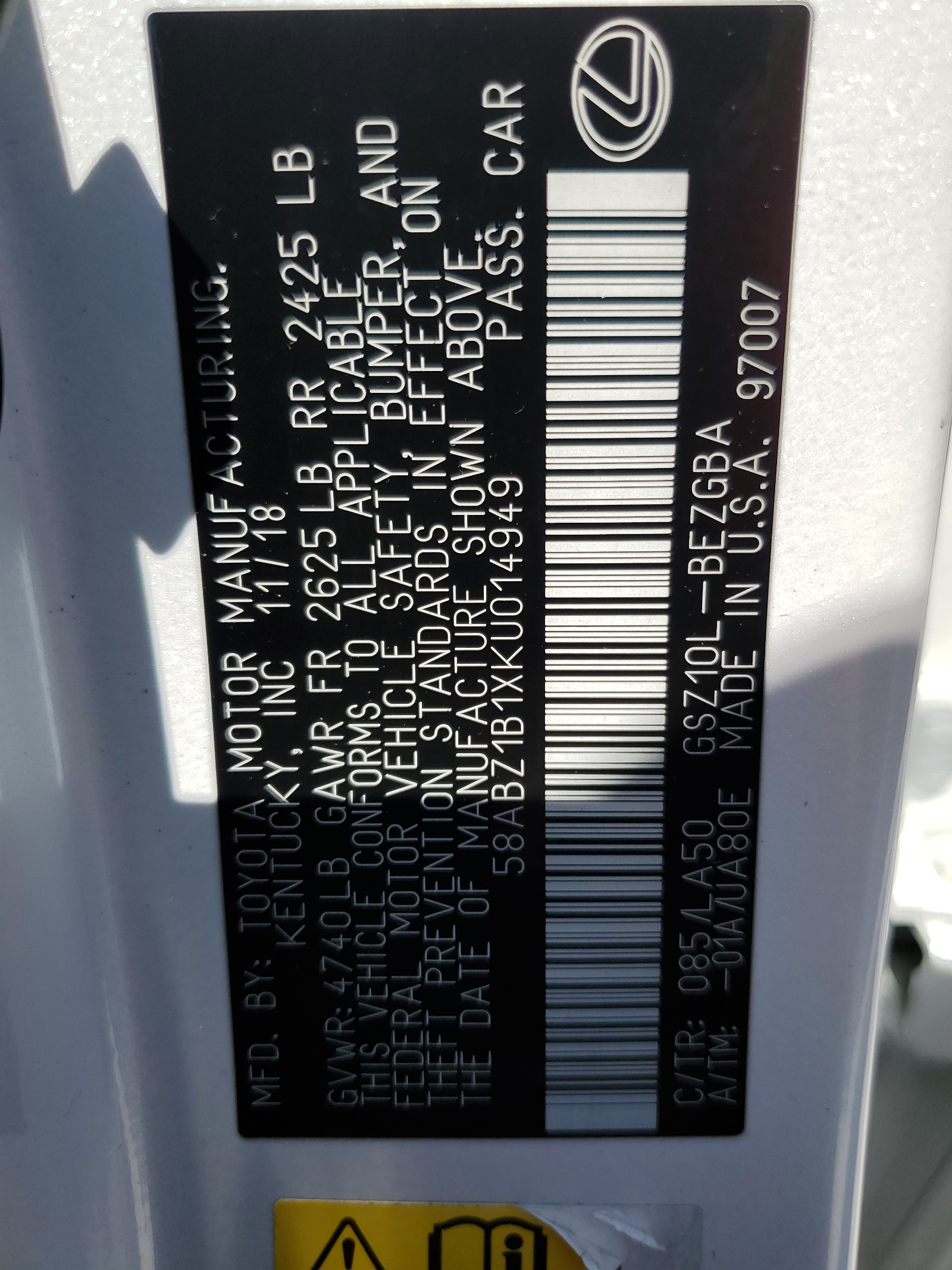 58ABZ1B1XKU014949 2019 Lexus Es 350