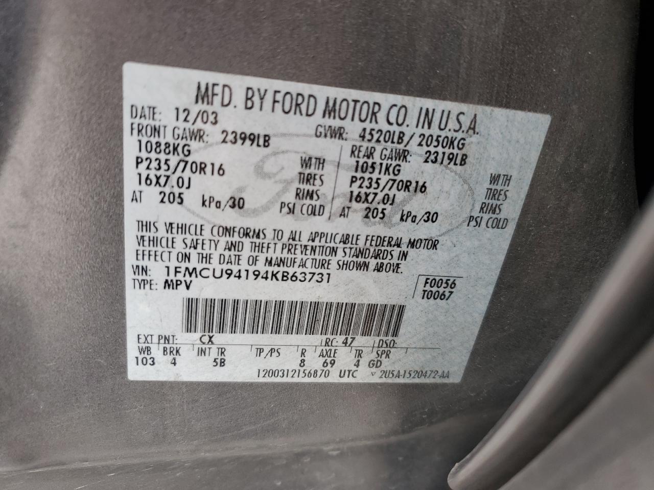 2004 Ford Escape Limited VIN: 1FMCU94194KB63731 Lot: 62451844