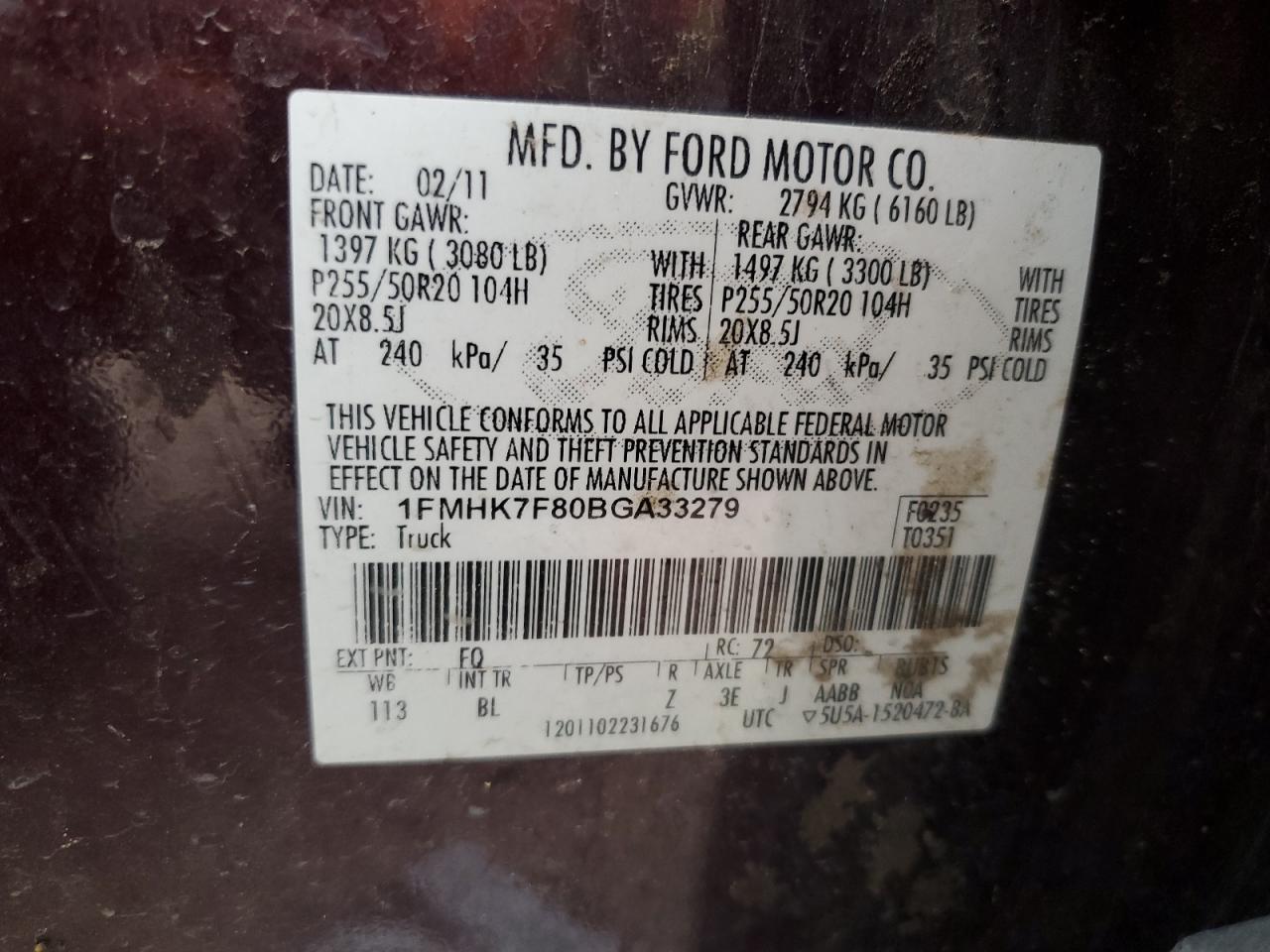 2011 Ford Explorer Limited VIN: 1FMHK7F80BGA33279 Lot: 62445744