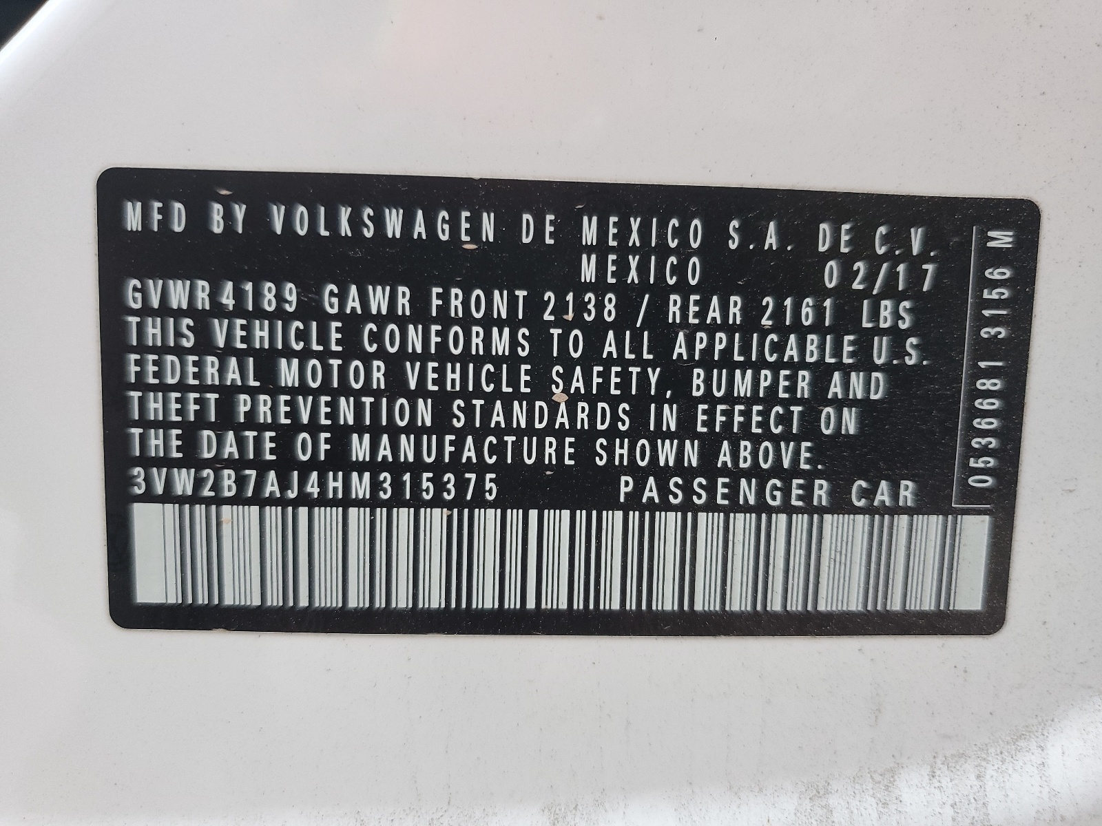 3VW2B7AJ4HM315375 2017 Volkswagen Jetta S
