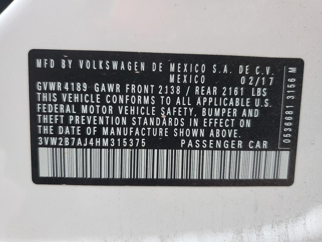 2017 Volkswagen Jetta S VIN: 3VW2B7AJ4HM315375 Lot: 64037184