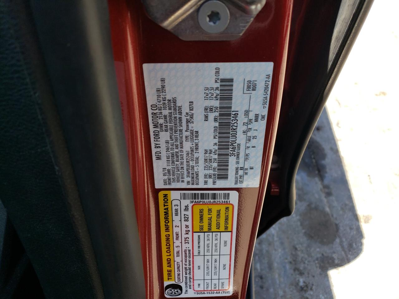 2018 Ford Fusion Se Hybrid VIN: 3FA6P0LU0JR253461 Lot: 63697284