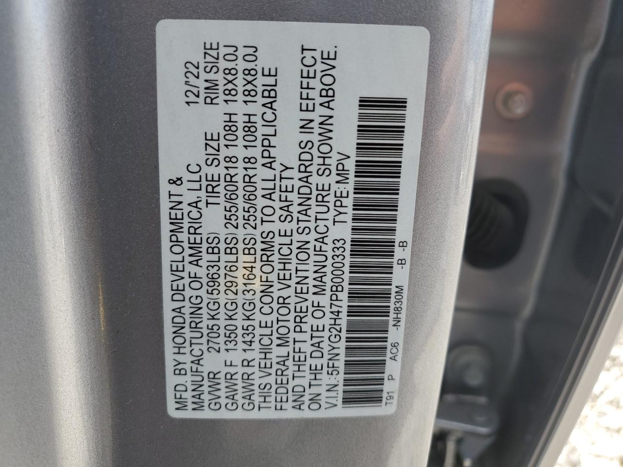 2023 Honda Pilot Exl VIN: 5FNYG2H47PB000333 Lot: 61880844