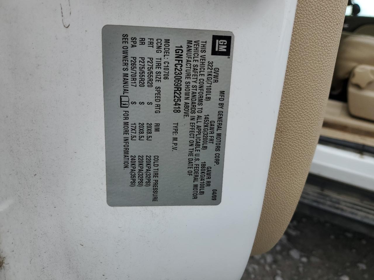 2009 Chevrolet Tahoe C1500 Lt VIN: 1GNFC23069R225418 Lot: 63198094