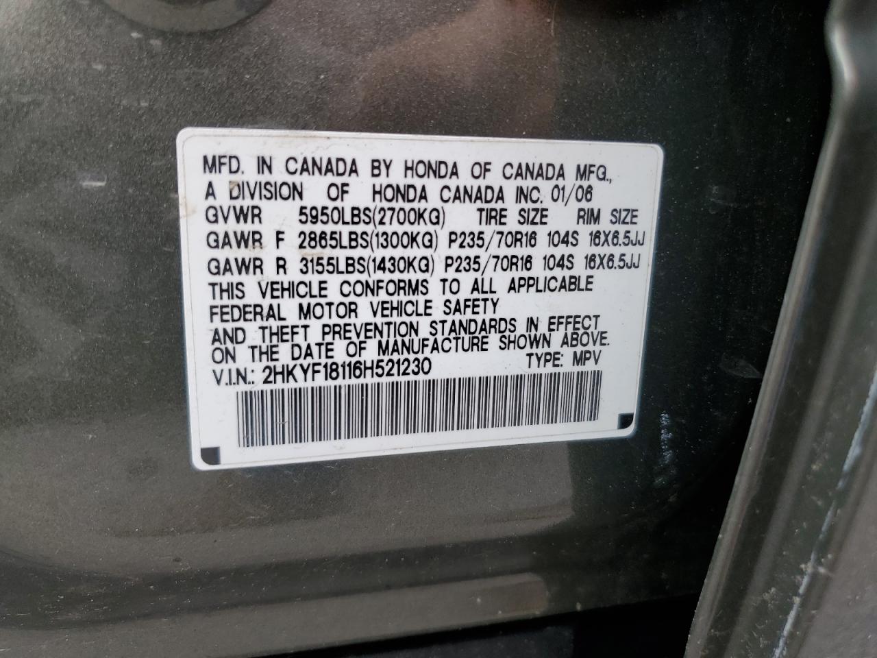 2006 Honda Pilot Lx VIN: 2HKYF18116H521230 Lot: 60423294