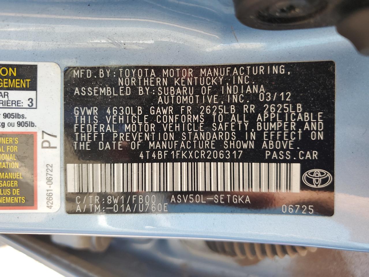 4T4BF1FKXCR206317 2012 Toyota Camry Base