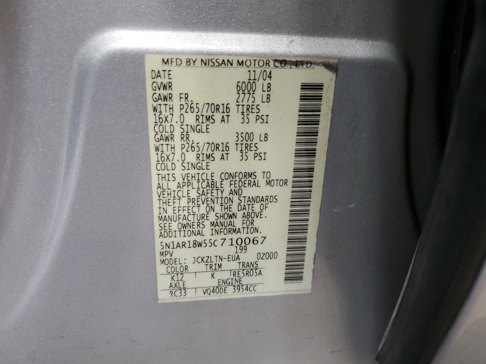 5N1AR18W55C710067 2005 Nissan Pathfinder Le