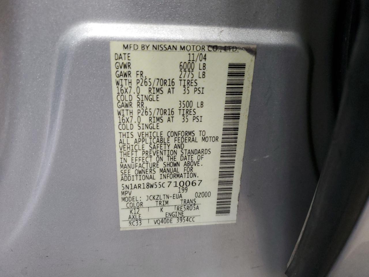 2005 Nissan Pathfinder Le VIN: 5N1AR18W55C710067 Lot: 63812744