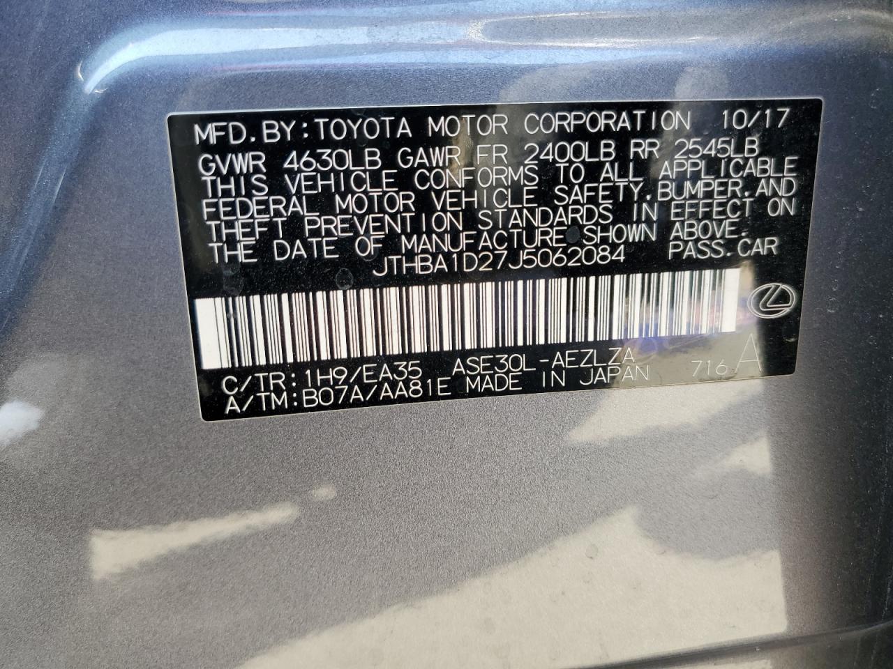 2018 Lexus Is 300 VIN: JTHBA1D27J5062084 Lot: 64432194