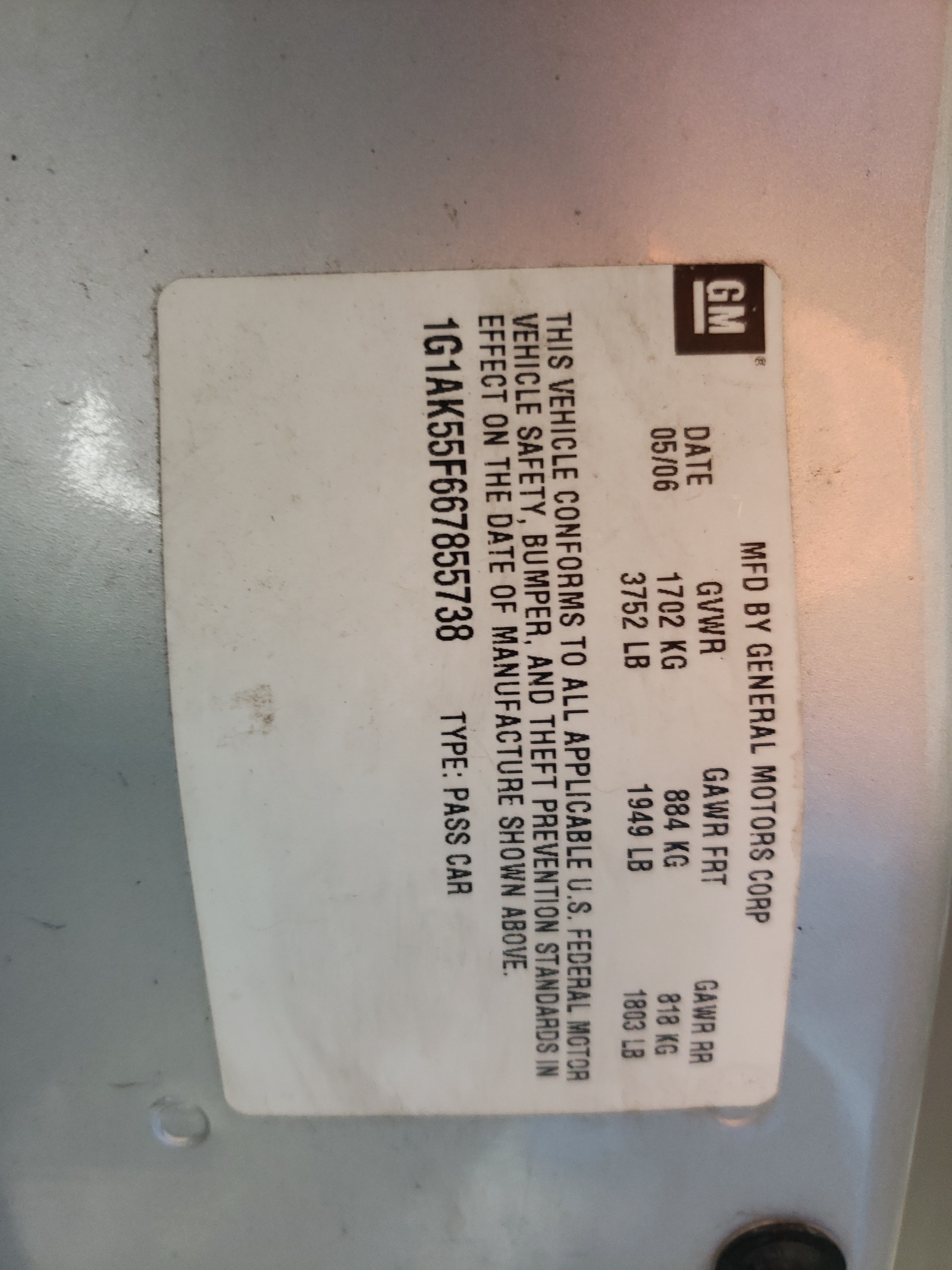 1G1AK55F667855738 2006 Chevrolet Cobalt Ls