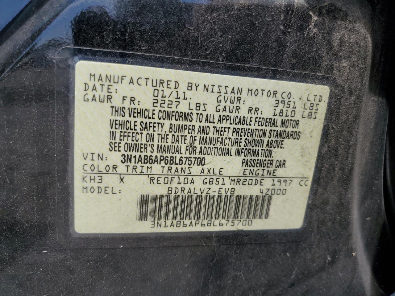 2011 Nissan Sentra 2.0 VIN: 3N1AB6AP6BL675700 Lot: 63660924