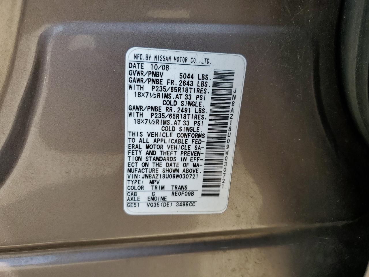 2009 Nissan Murano S VIN: JN8AZ18U09W030721 Lot: 65040574