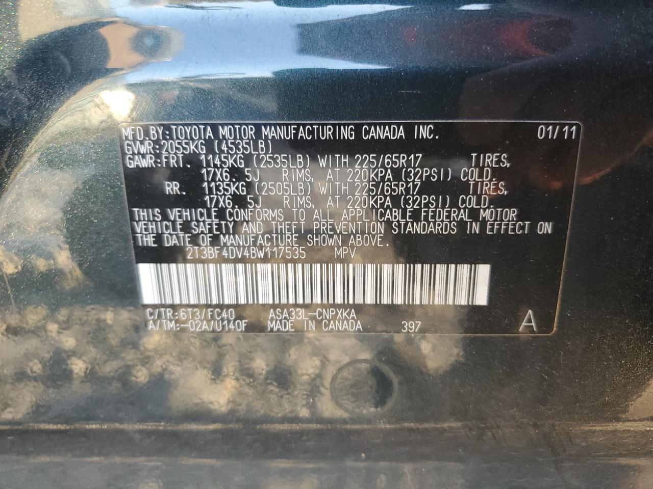 2011 Toyota Rav4 VIN: 2T3BF4DV4BW117535 Lot: 61900904