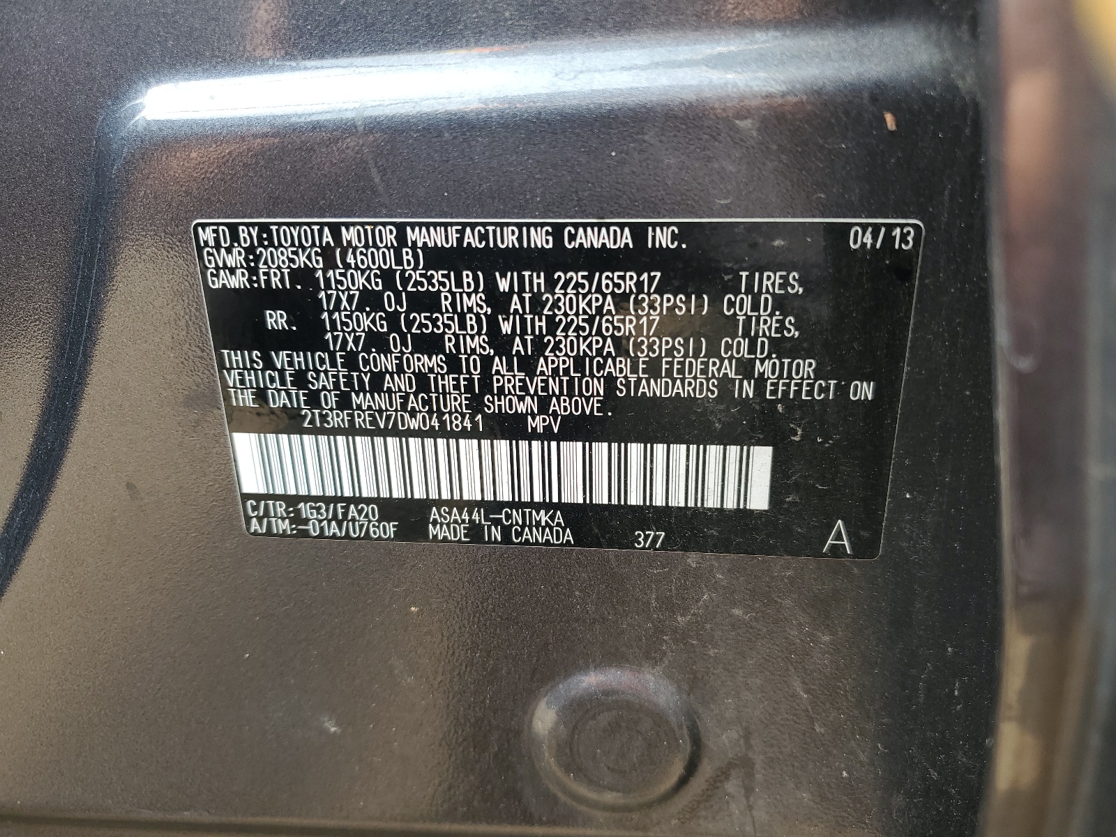 2T3RFREV7DW041841 2013 Toyota Rav4 Xle