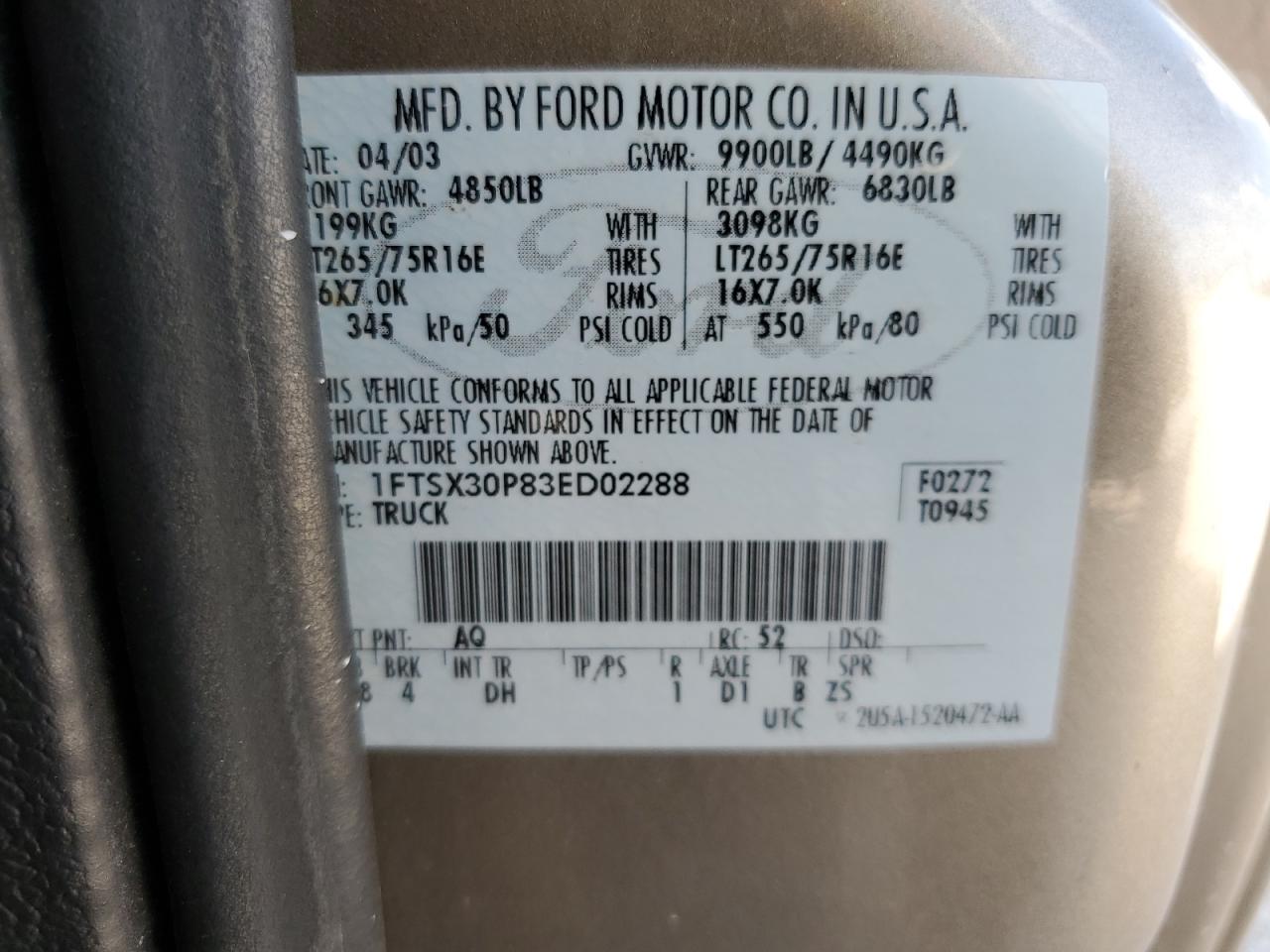 2003 Ford F350 Srw Super Duty VIN: 1FTSX30P83ED02288 Lot: 61908864