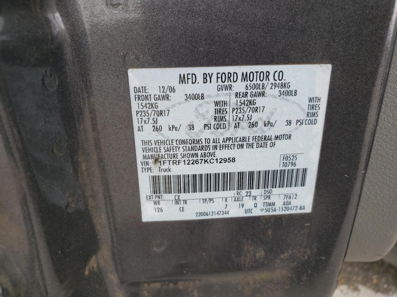 2007 Ford F150 VIN: 1FTRF12267KC12958 Lot: 64628024