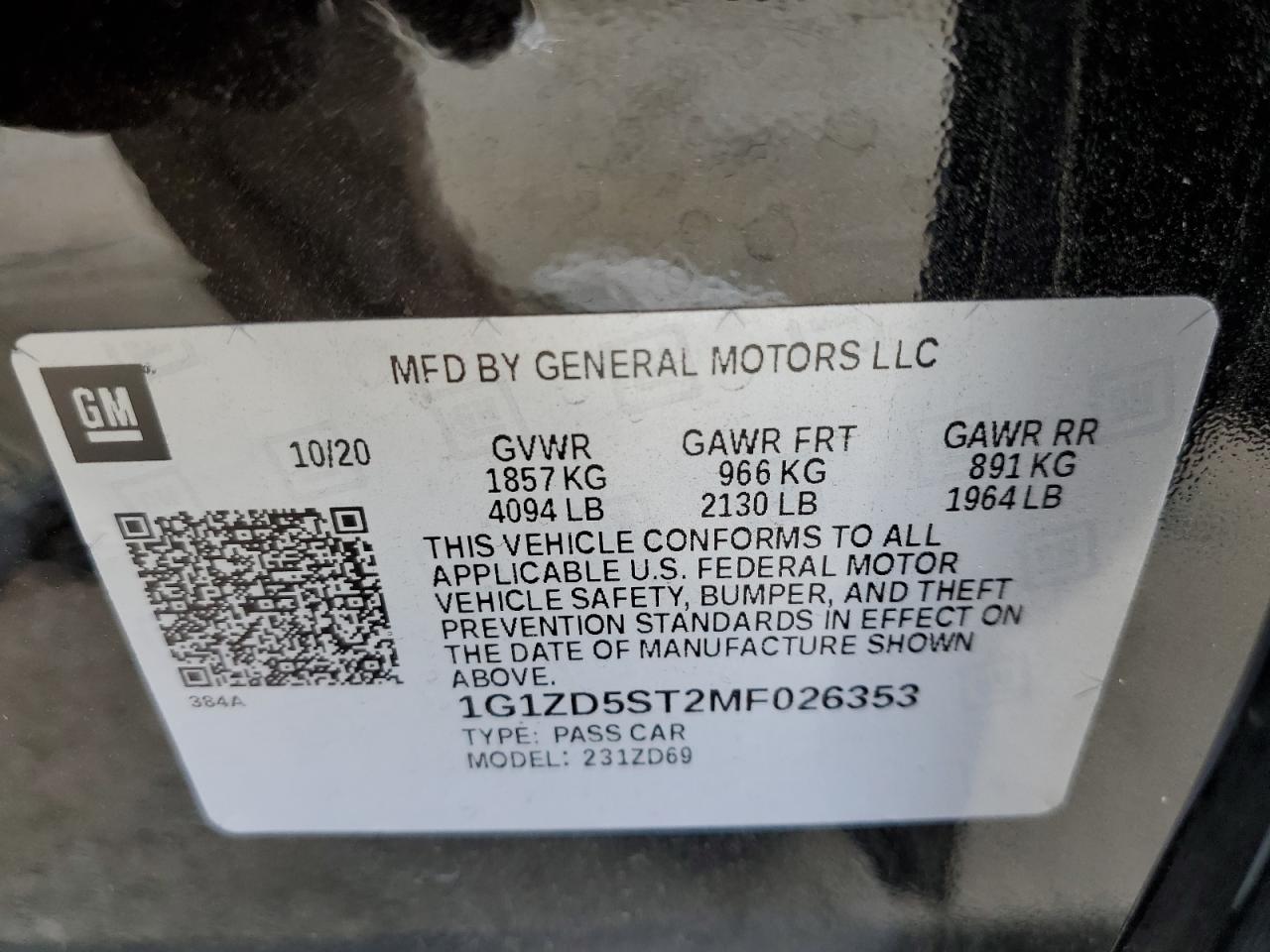 1G1ZD5ST2MF026353 2021 Chevrolet Malibu Lt