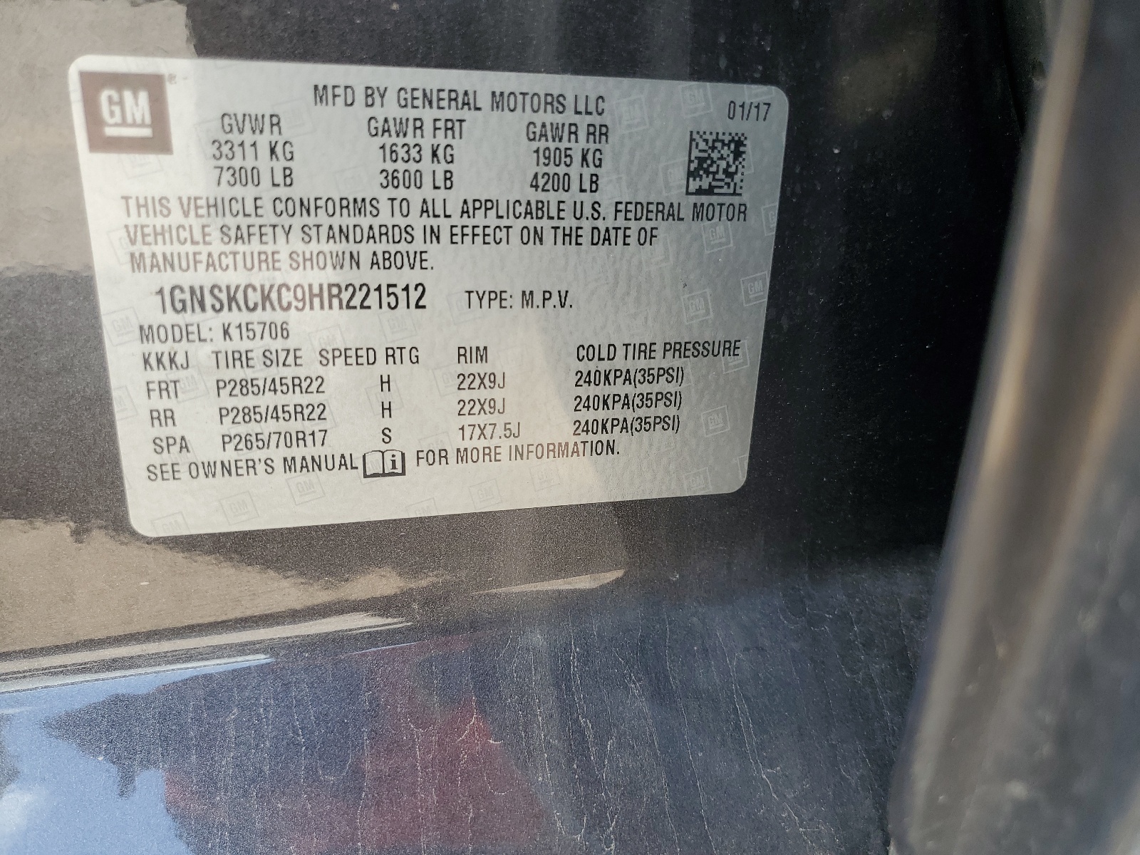 1GNSKCKC9HR221512 2017 Chevrolet Tahoe K1500 Premier