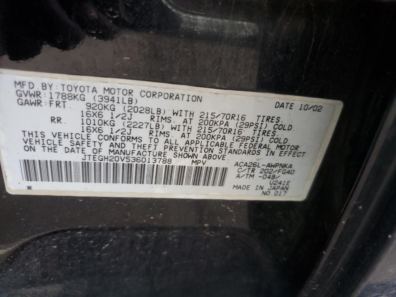 2003 Toyota Rav4 VIN: JTEGH20V536013788 Lot: 63136564