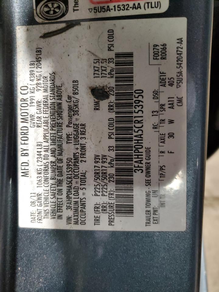 2012 Ford Fusion Se VIN: 3FAHP0HA5CR153950 Lot: 65453434