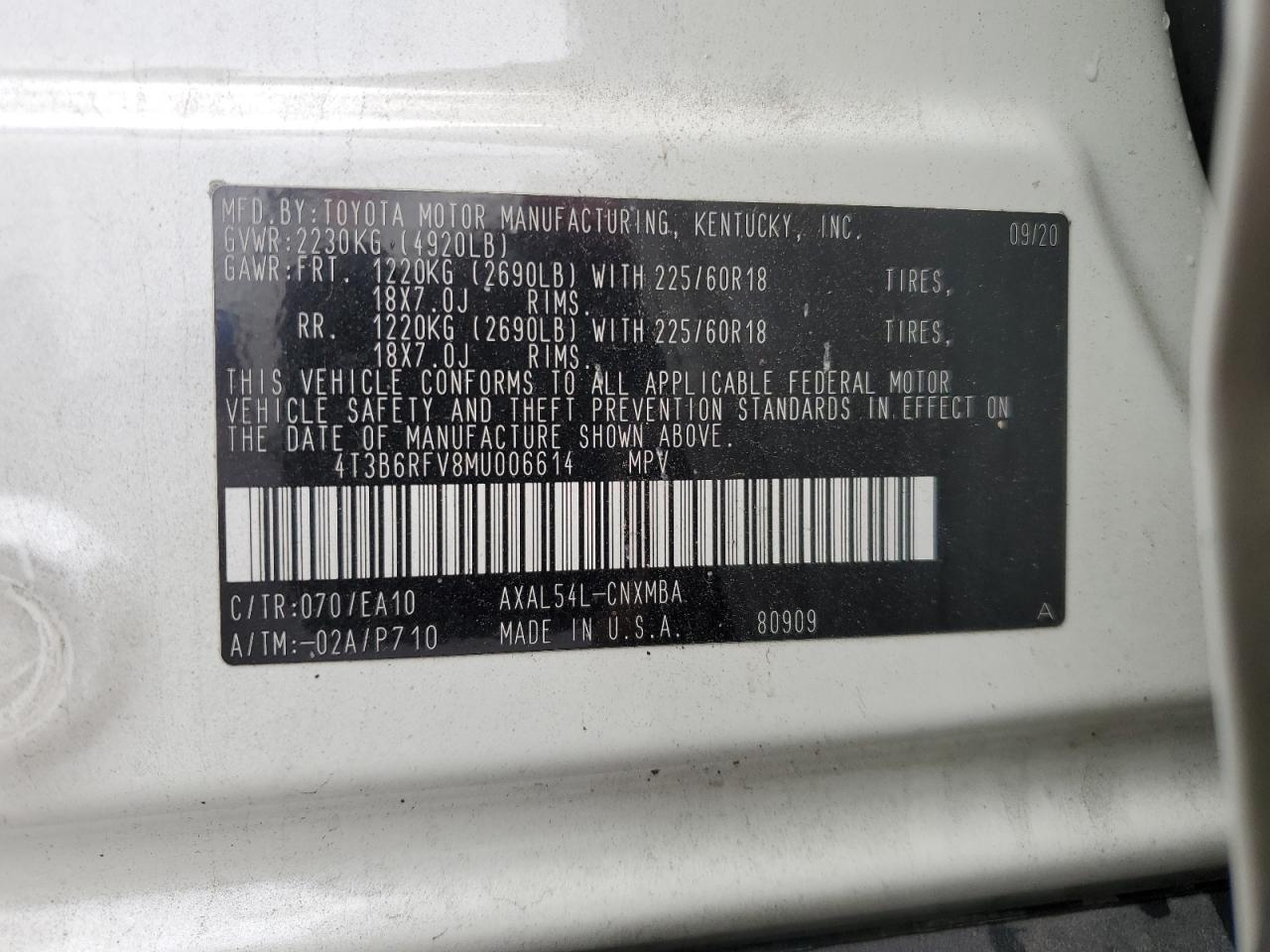 2021 Toyota Rav4 Xle Premium VIN: 4T3B6RFV8MU006614 Lot: 63837634