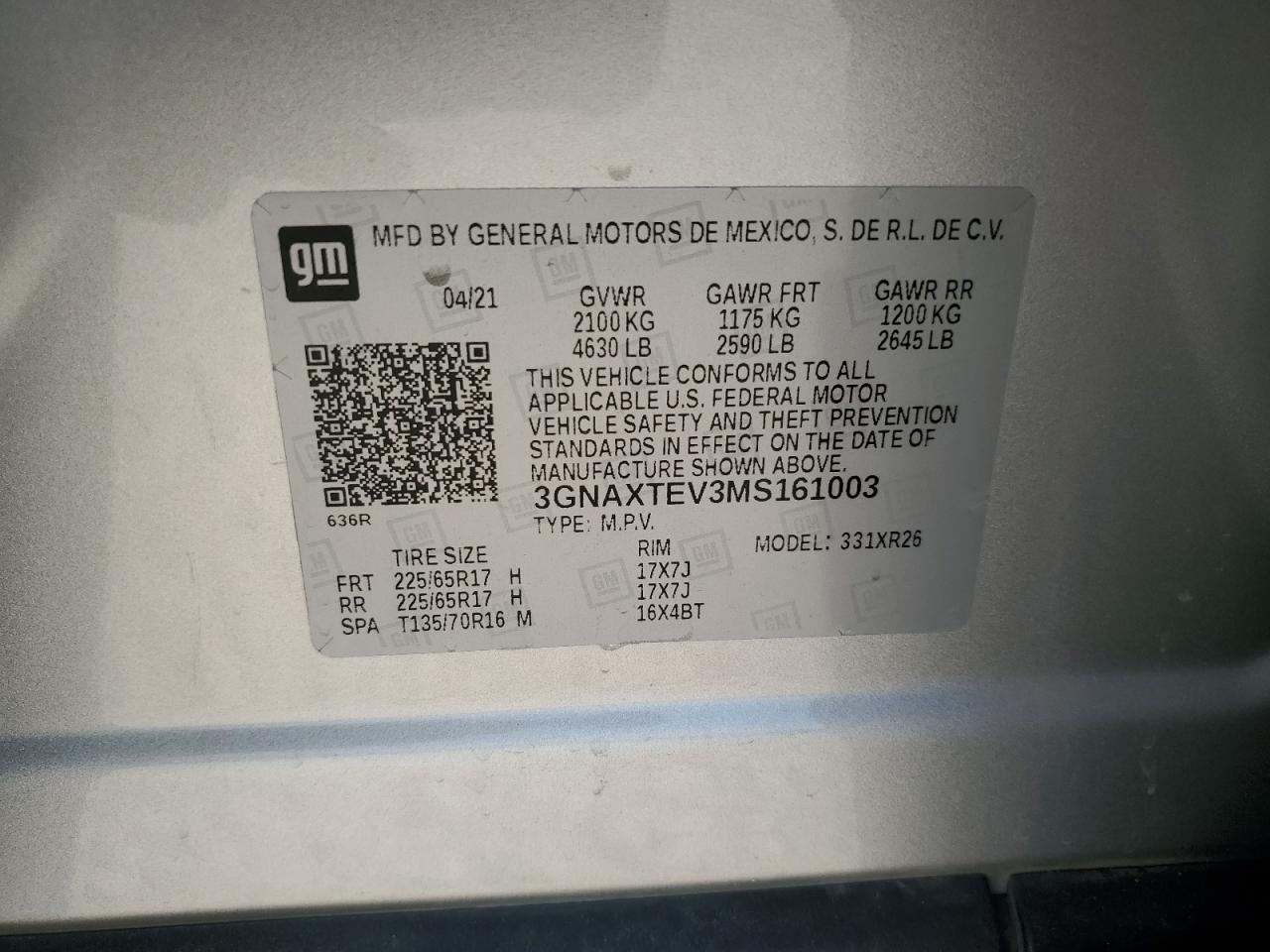 2021 Chevrolet Equinox Lt VIN: 3GNAXTEV3MS161003 Lot: 65033464