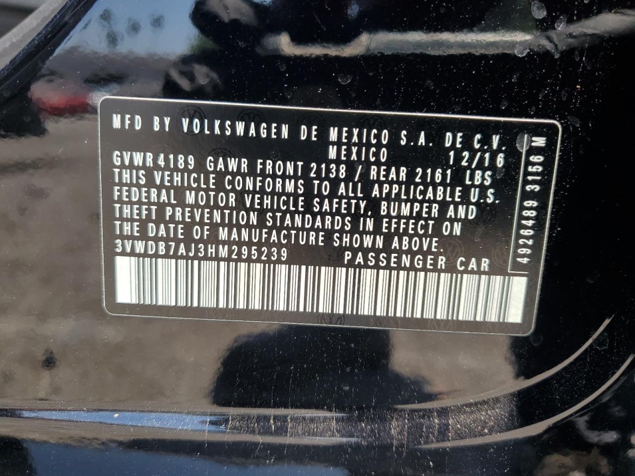 2017 Volkswagen Jetta Se VIN: 3VWDB7AJ3HM295239 Lot: 62454654