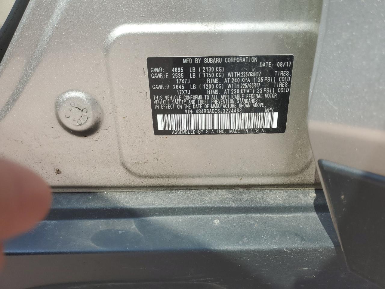 2018 Subaru Outback 2.5I Premium VIN: 4S4BSADC6J3224463 Lot: 64068514