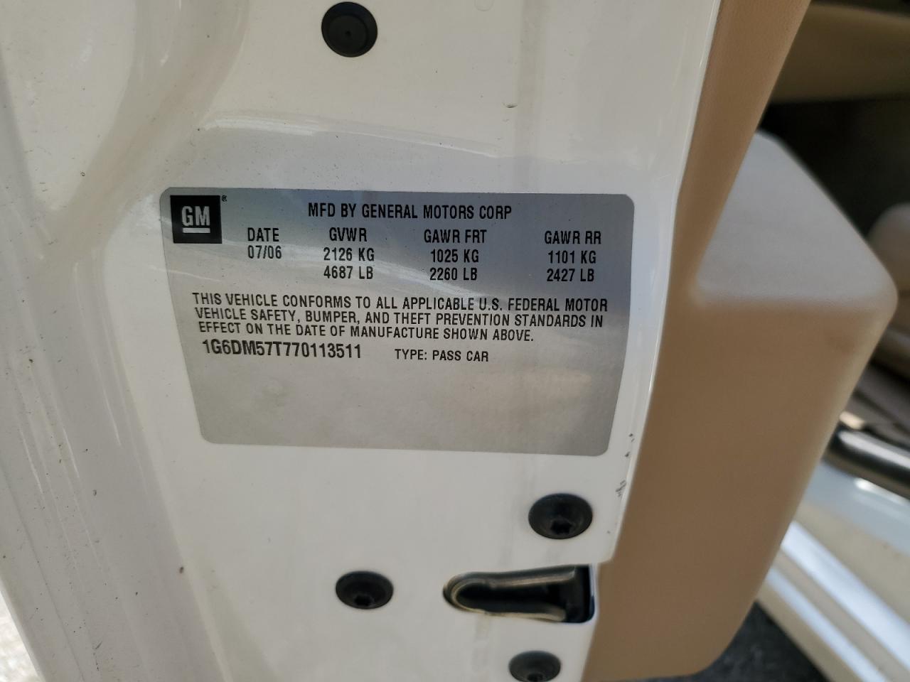 2007 Cadillac Cts VIN: 1G6DM57T770113511 Lot: 62824644