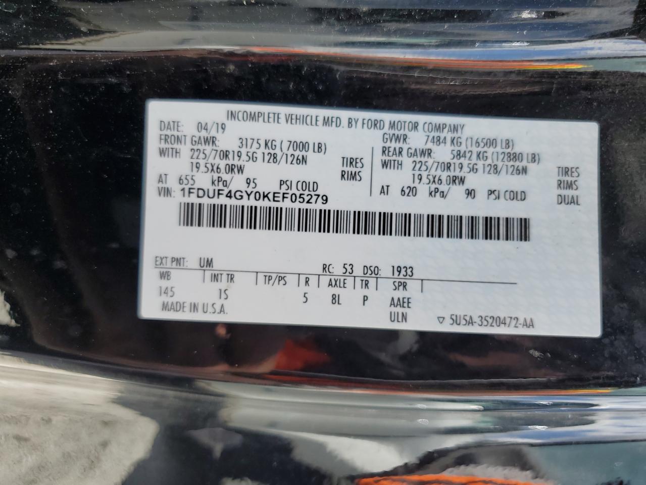 2019 Ford F450 Super Duty VIN: 1FDUF4GY0KEF05279 Lot: 63893884