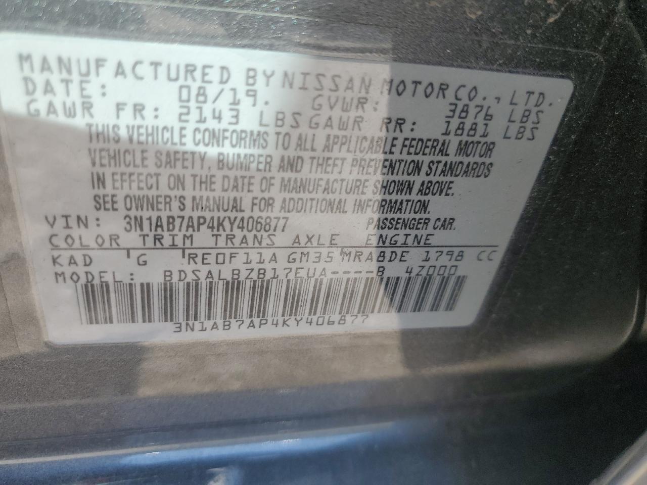 3N1AB7AP4KY406877 2019 Nissan Sentra S