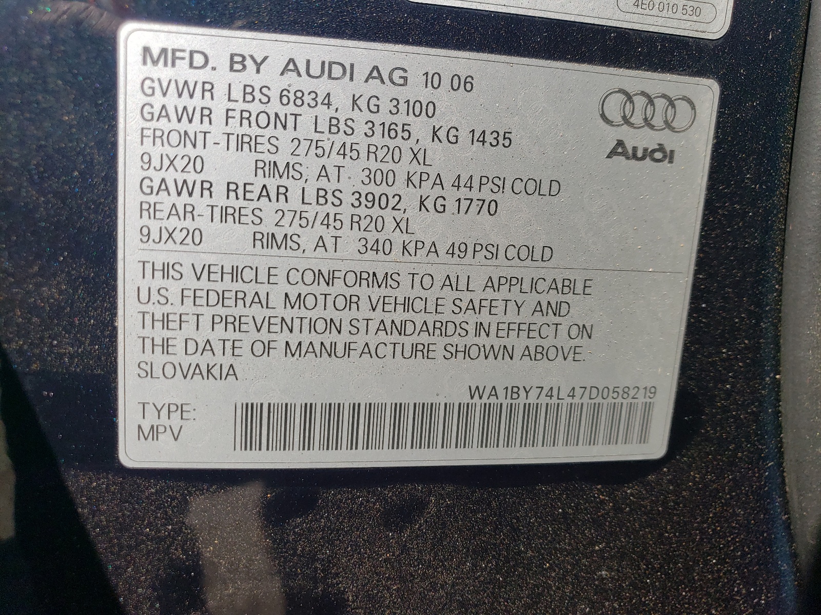 WA1BY74L47D058219 2007 Audi Q7 3.6 Quattro Premium