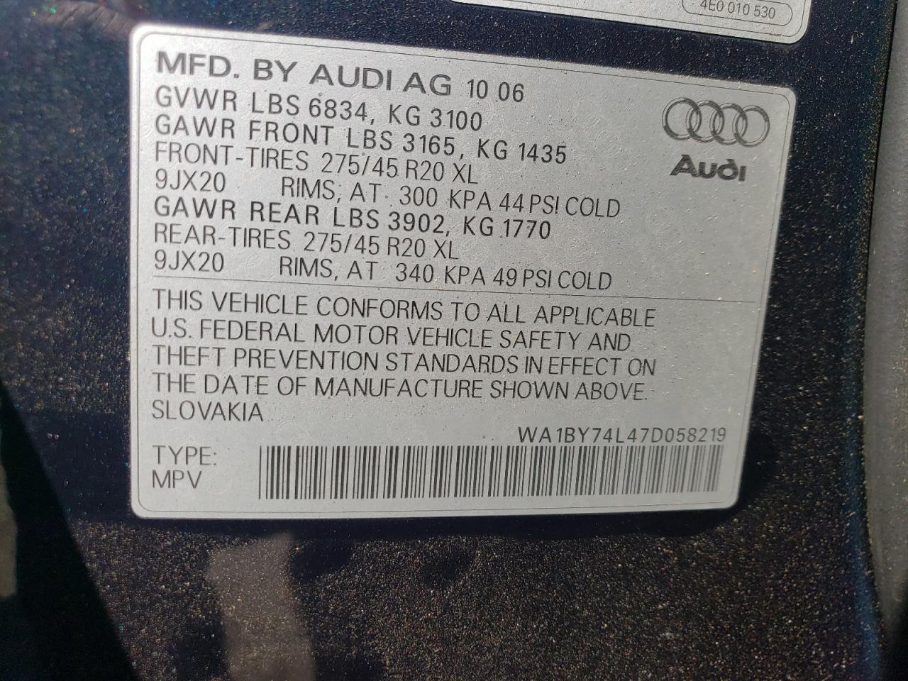 2007 Audi Q7 3.6 Quattro Premium VIN: WA1BY74L47D058219 Lot: 65147934