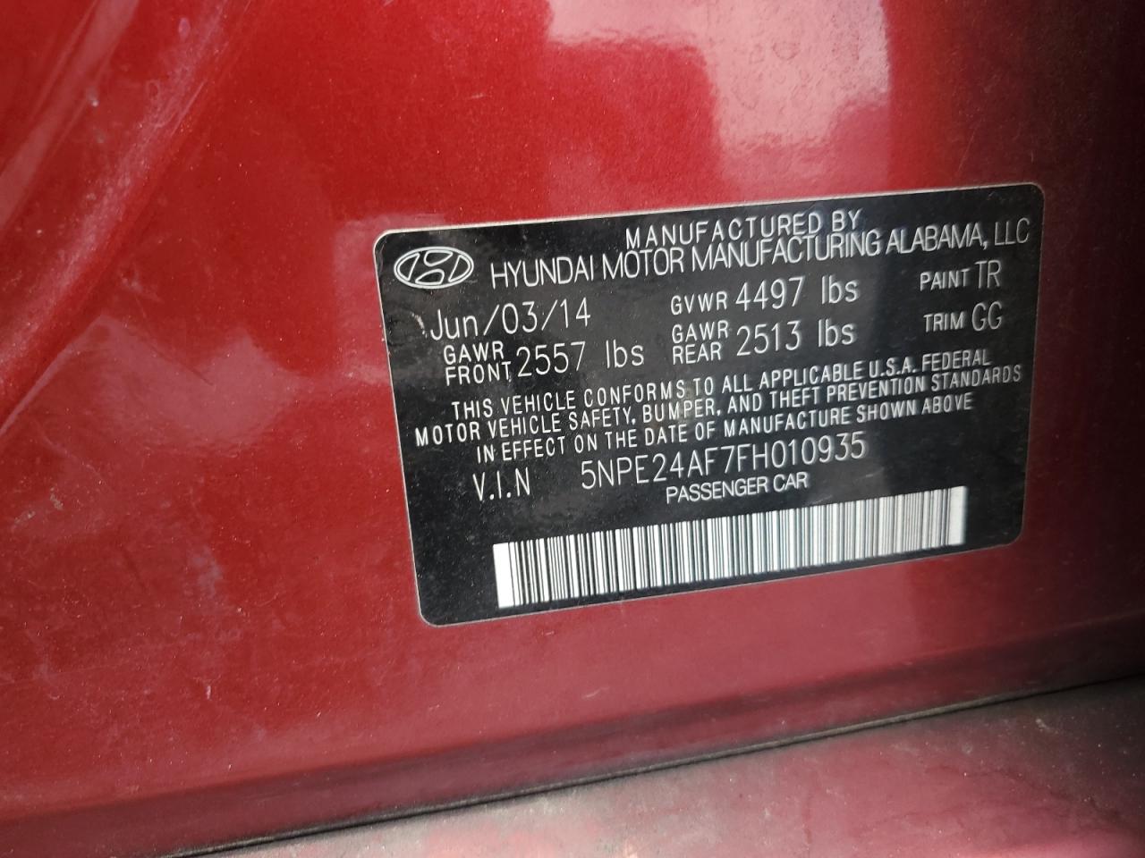 2015 Hyundai Sonata Se VIN: 5NPE24AF7FH010935 Lot: 61659764