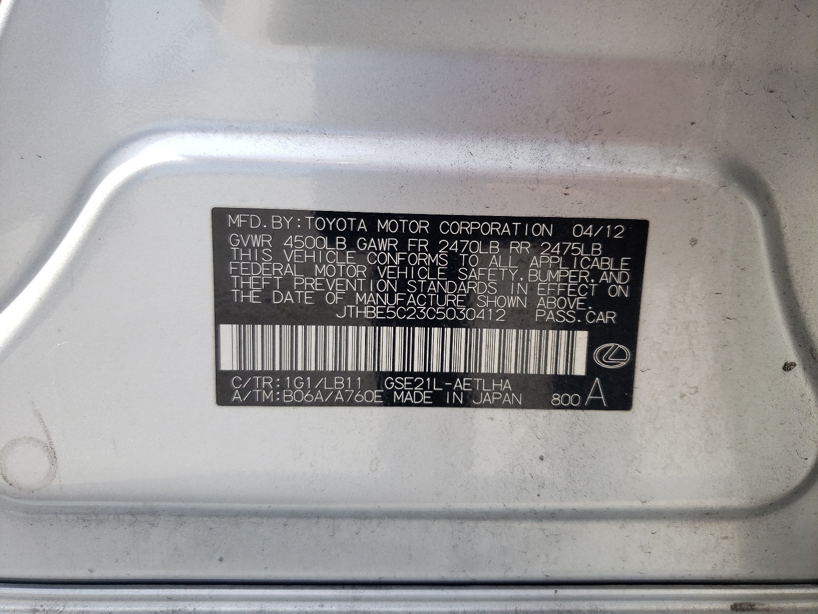 JTHBE5C23C5030412 2012 Lexus Is 350