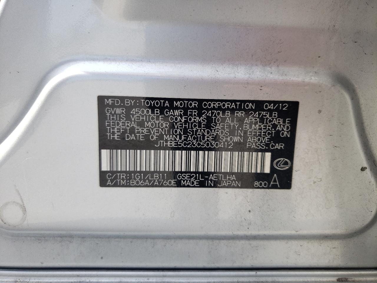 2012 Lexus Is 350 VIN: JTHBE5C23C5030412 Lot: 65017084