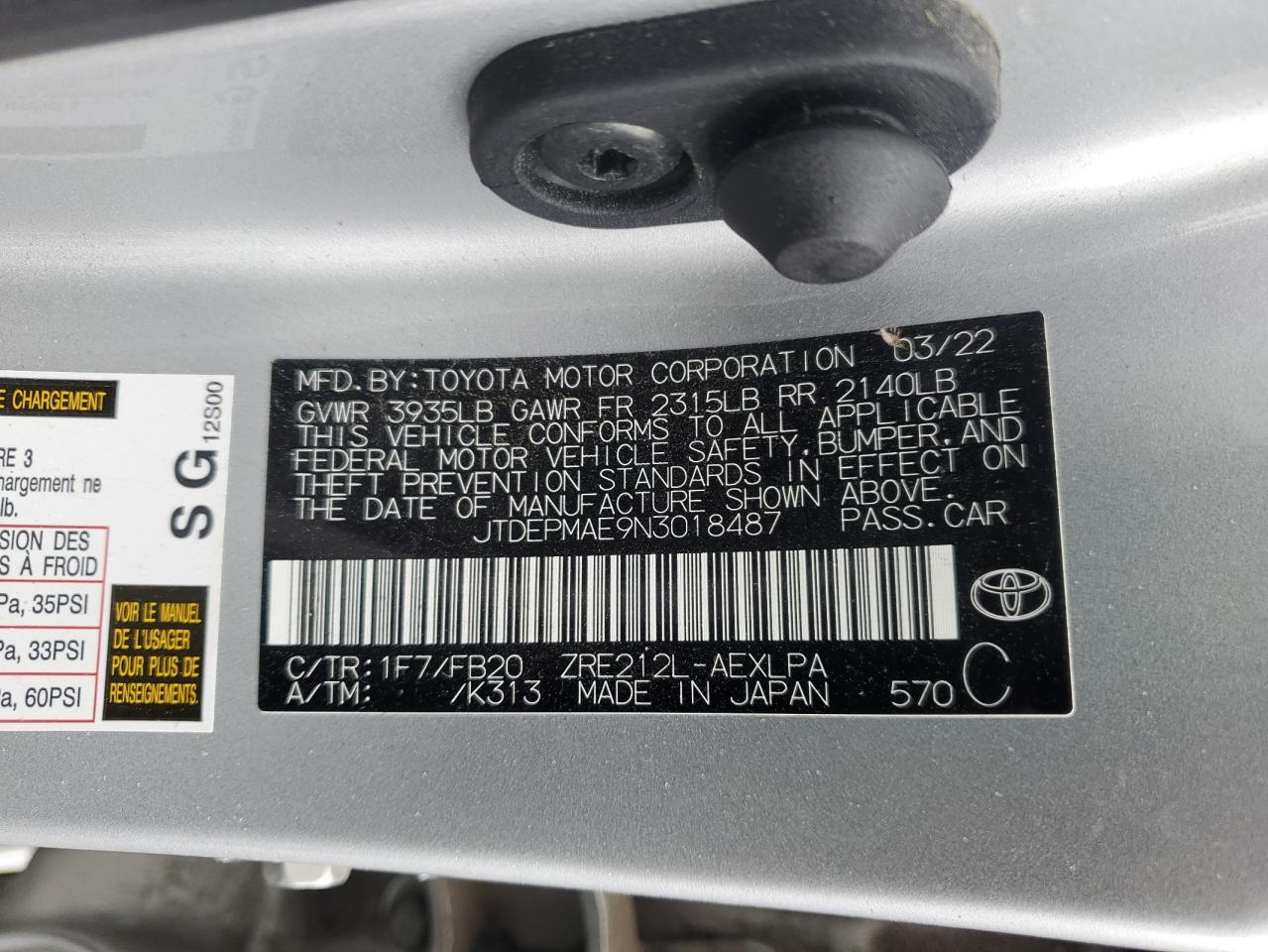 JTDEPMAE9N3018487 2022 Toyota Corolla Le