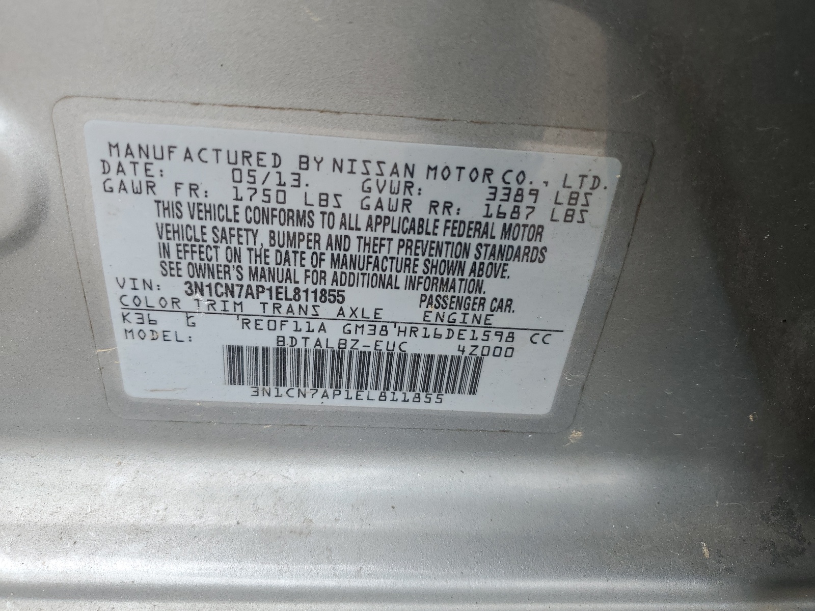 3N1CN7AP1EL811855 2014 Nissan Versa S