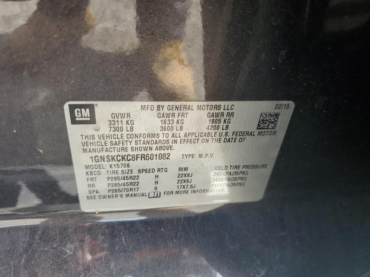 2015 Chevrolet Tahoe K1500 Ltz VIN: 1GNSKCKC8FR601082 Lot: 62329034