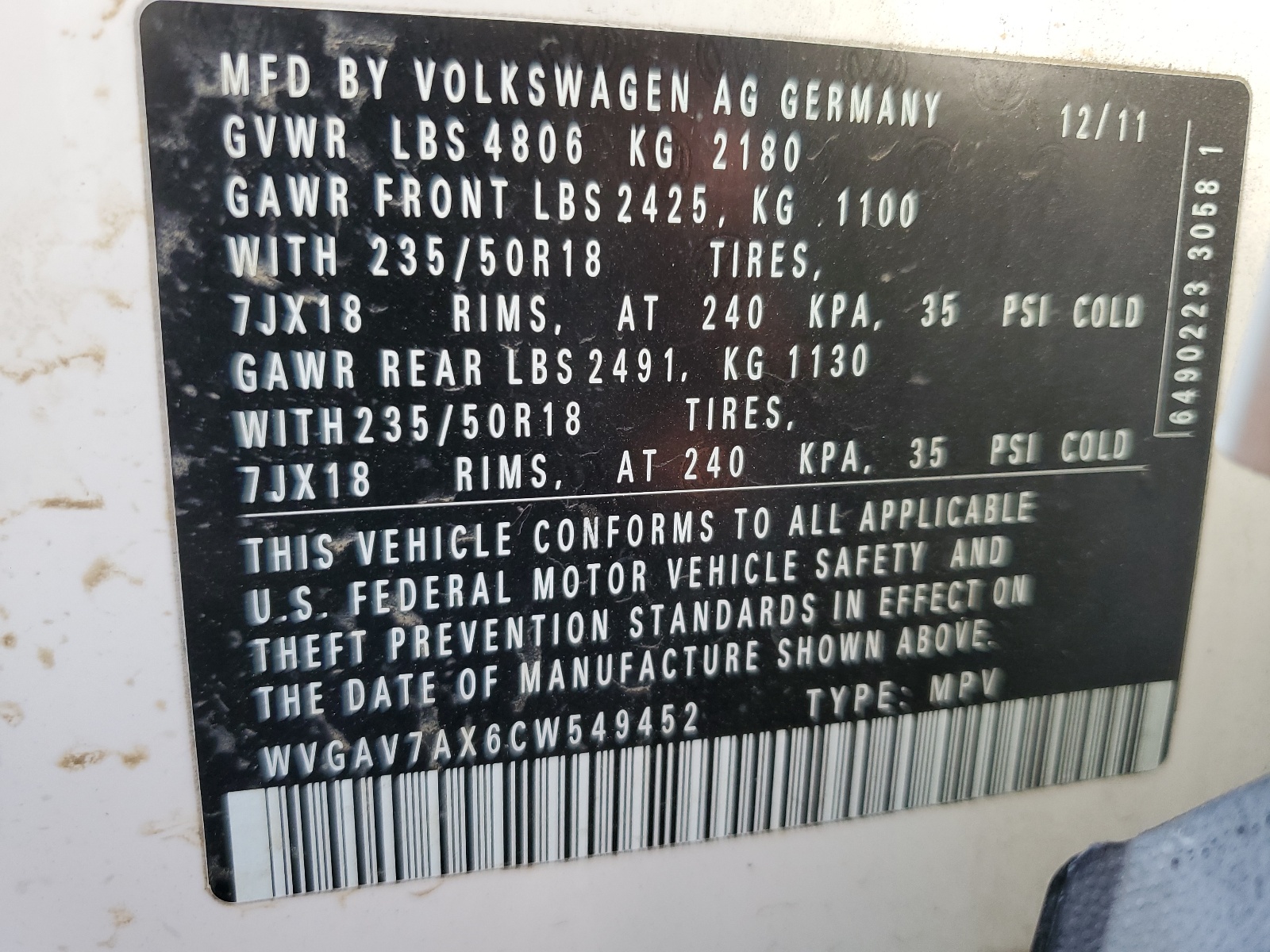 WVGAV7AX6CW549452 2012 Volkswagen Tiguan S