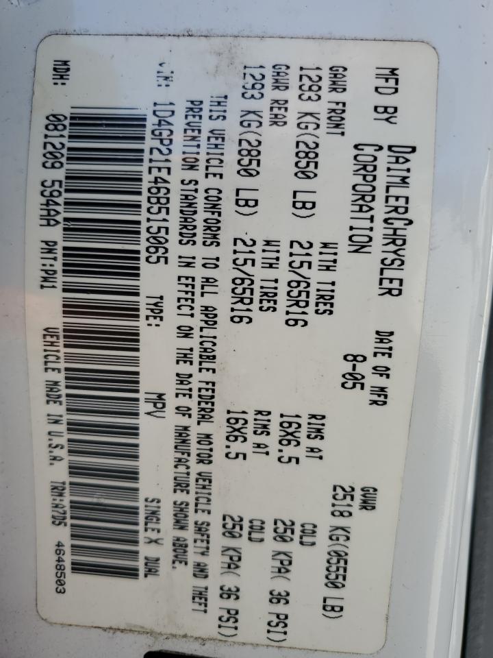 2006 Dodge Caravan C/V VIN: 1D4GP21E46B515065 Lot: 63014504