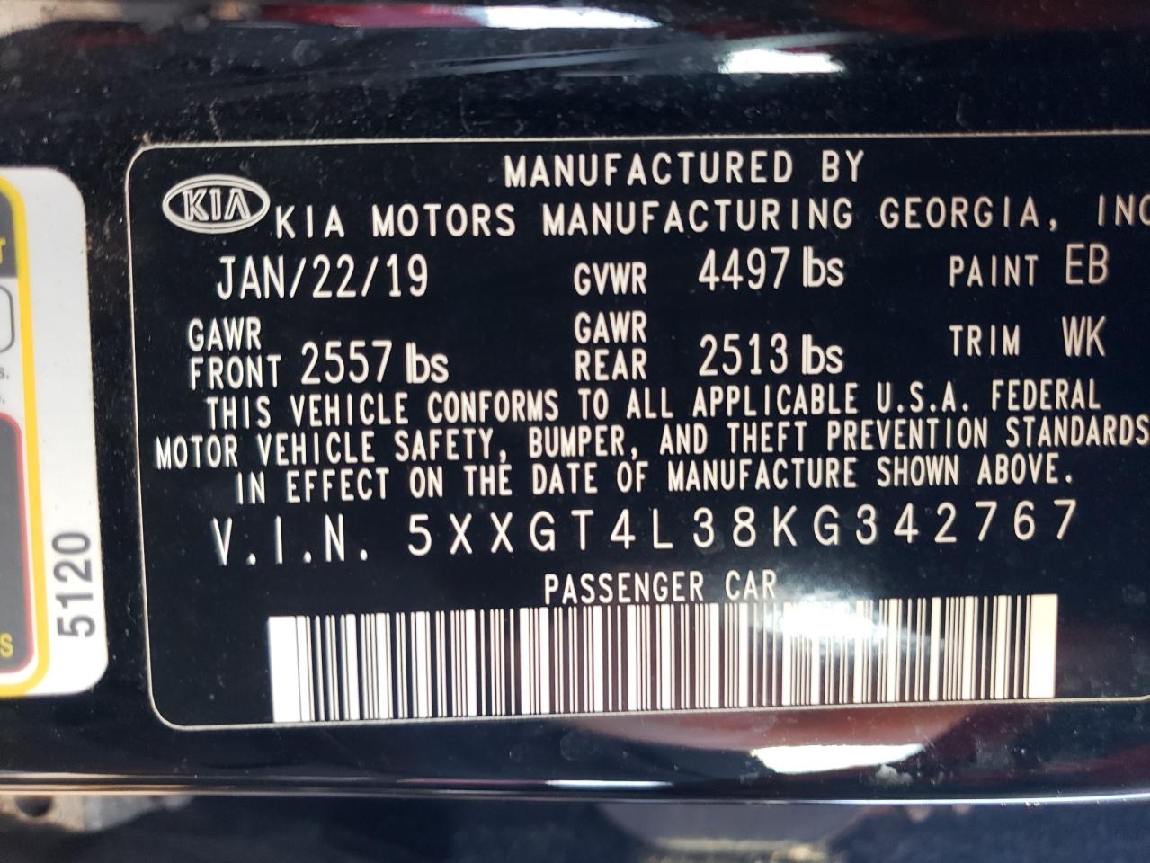 2019 Kia Optima Lx VIN: 5XXGT4L38KG342767 Lot: 61092414