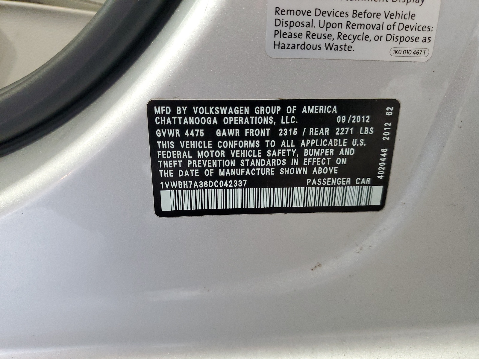 1VWBH7A36DC042337 2013 Volkswagen Passat Se