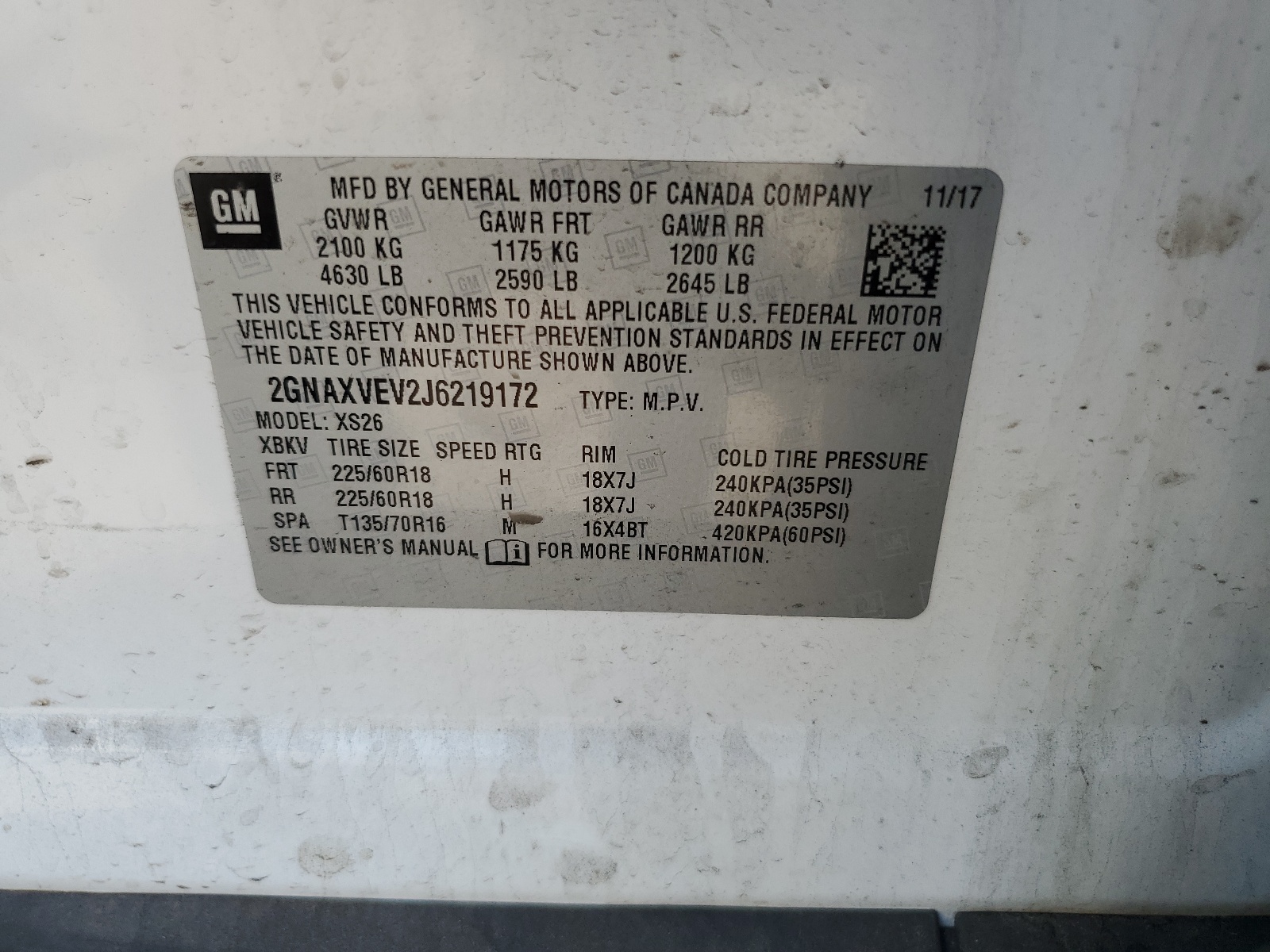 2GNAXVEV2J6219172 2018 Chevrolet Equinox Premier