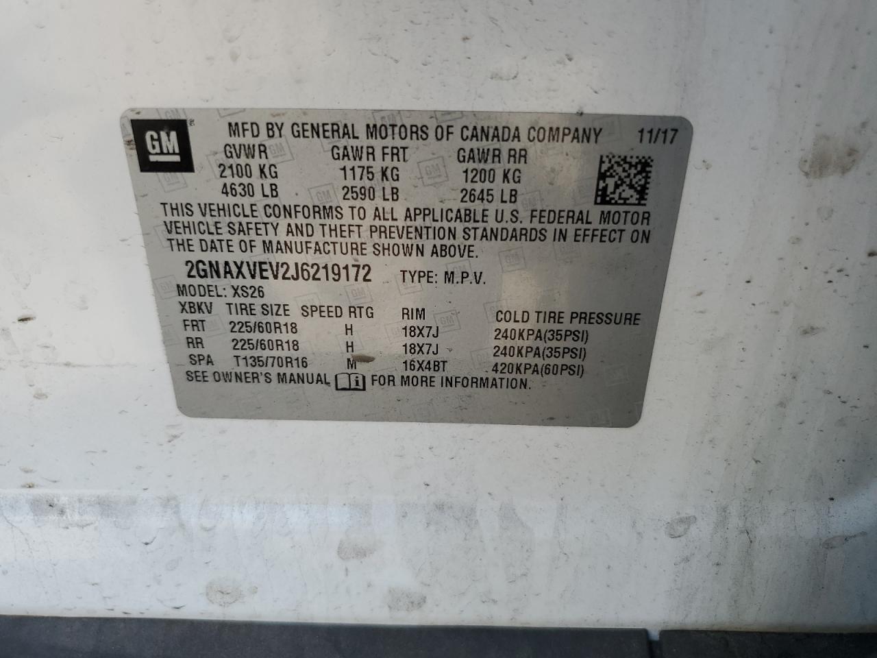 2018 Chevrolet Equinox Premier VIN: 2GNAXVEV2J6219172 Lot: 63129354